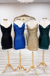 Misshow Spaghetti Straps Golden Bodycon Short Homecoming Dress/Mini Dress with Sequins